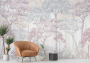 Soft Watercolor Forest Wall Mural with pastel trees in muted tones, creating a serene and dreamy natural atmosphere.