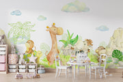 Safari Playground wall mural with watercolor giraffe, zebra, lion, and jungle leaves in a baby nursery or kid's  
playroom.