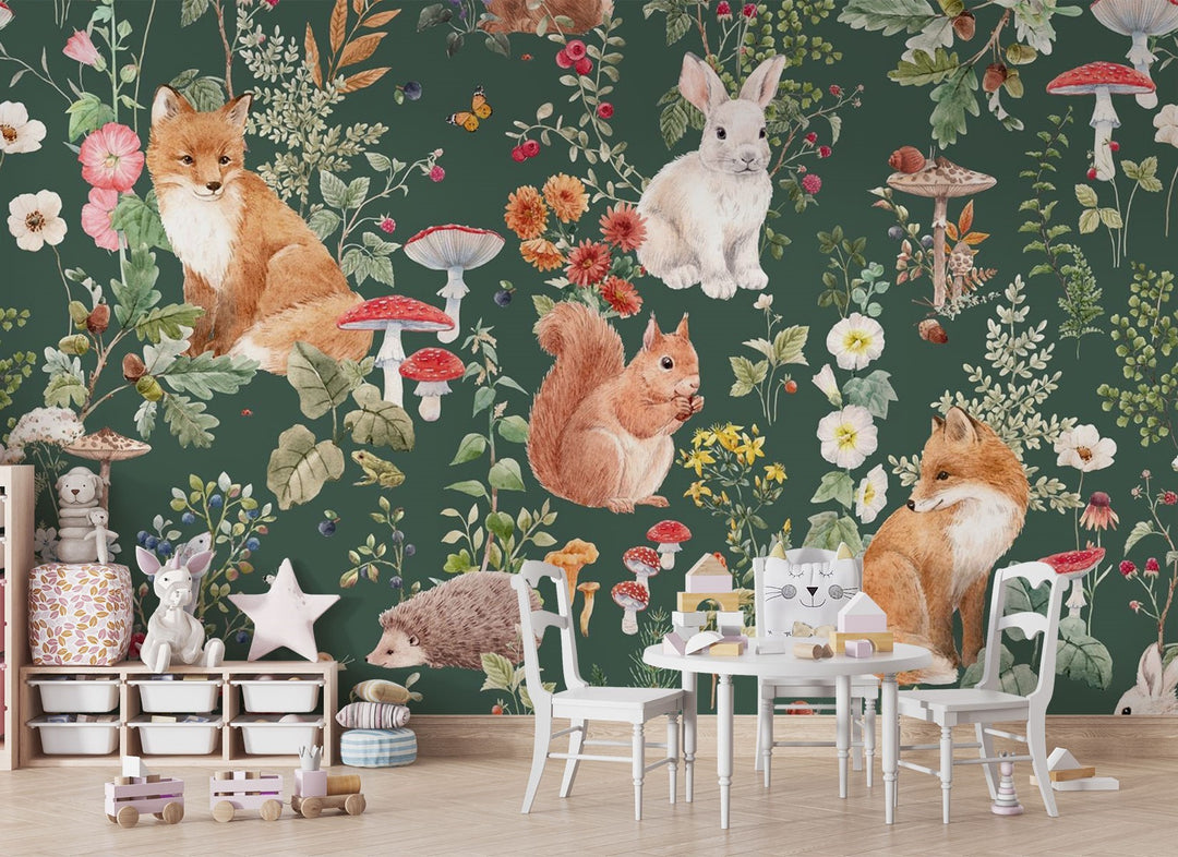 Enchanted forest animals wall mural with foxes, rabbits, hedgehogs, wildflowers, and mushrooms in a vintage botanical style, set against a deep green background.
