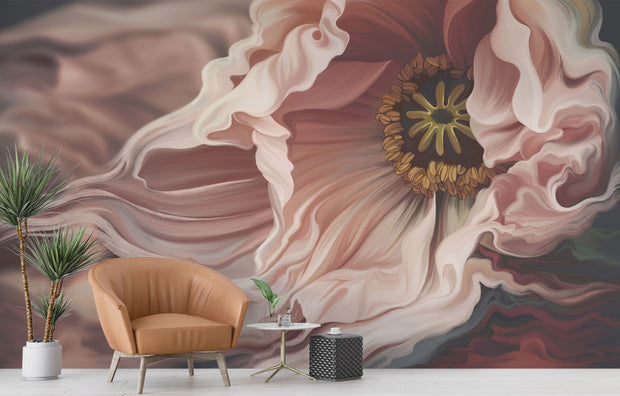 Dramatic macro flower wall mural featuring blush pink anemone with flowing petals, styled in minimalist room with beige chair.