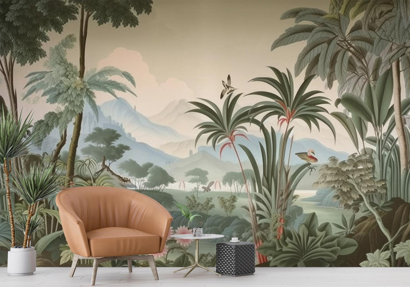 Vintage tropical landscape wall mural with exotic greenery, misty mountains, palm trees, and birds, styled in a modern interior with warm-toned decor.