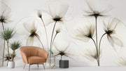 Elegant transparent floral wall mural with delicate, translucent flowers in soft neutral tones, perfect for modern minimalist interior decor.