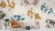 Abstract watercolor floral wall mural with oversized botanical patterns in gold, teal, and taupe tones, perfect for modern and artistic interior decor.