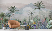 Exotic tropical wall mural with lush foliage, palm trees, and vibrant flowers in a jungle-inspired design.