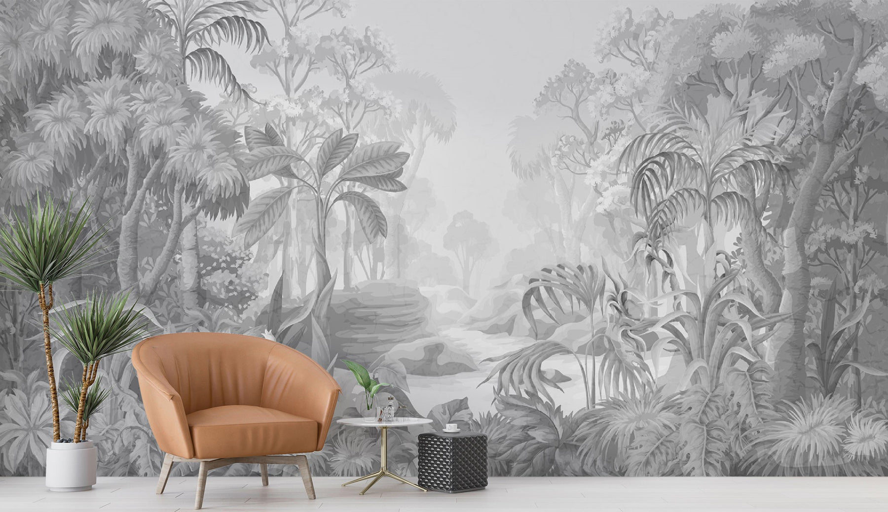 Monochrome Jungle Wall Mural featuring lush grayscale tropical foliage with intricate details, perfect for a calming modern space.