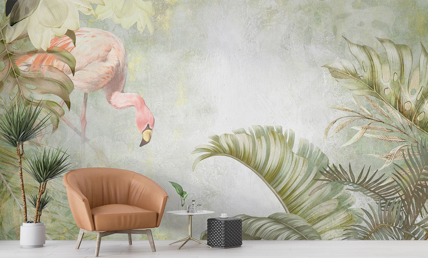 Watercolor-style flamingo wall mural with soft pastel tropical leaves, creating a serene and elegant nature-inspired interior décor.