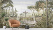 Vintage Fountain Wall Mural – Tropical Botanical Wallpaper with Green Leaves and Nature-Inspired Design
