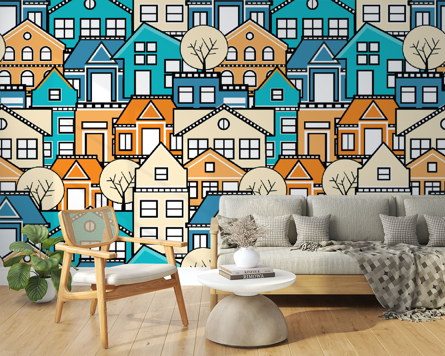 Colorful geometric house wall mural featuring vibrant blue, orange, and beige houses with minimalist trees, creating a modern and lively room atmosphere.