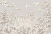 Elegant scenic wall mural with a classical landscape featuring trees, hills, and ancient architectural details in soft, neutral tones.
