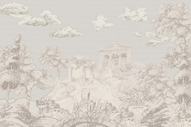 Elegant scenic wall mural with a classical landscape featuring trees, hills, and ancient architectural details in soft, neutral tones.