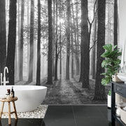 Forest sunrise in black and white wall mural image 3
