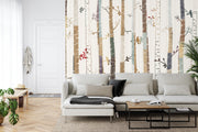 Forest trees wall mural featuring hand-drawn birch trees with colorful birds and leaves, ideal for nursery or baby room decor.