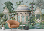Grand architectural wall mural featuring classical domes, ornate columns, and lush botanical greenery, styled in an elegant modern interior.