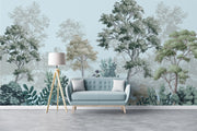 Hand-painted forest landscape wall mural with soft greens and layered trees, creating a tranquil and elegant nature-inspired interior.