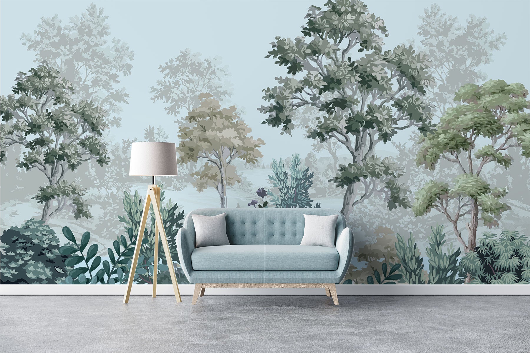 Hand-painted forest landscape wall mural with soft greens and layered trees, creating a tranquil and elegant nature-inspired interior.
