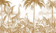 A sophisticated golden jungle wall mural with giraffes, monkeys, and zebras in lush tropical foliage, designed for a safari-themed kid's room or nursery.