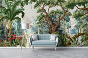 Lush jungle wall mural featuring a mystical forest landscape with dense greenery, exotic plants, and a serene pathway.