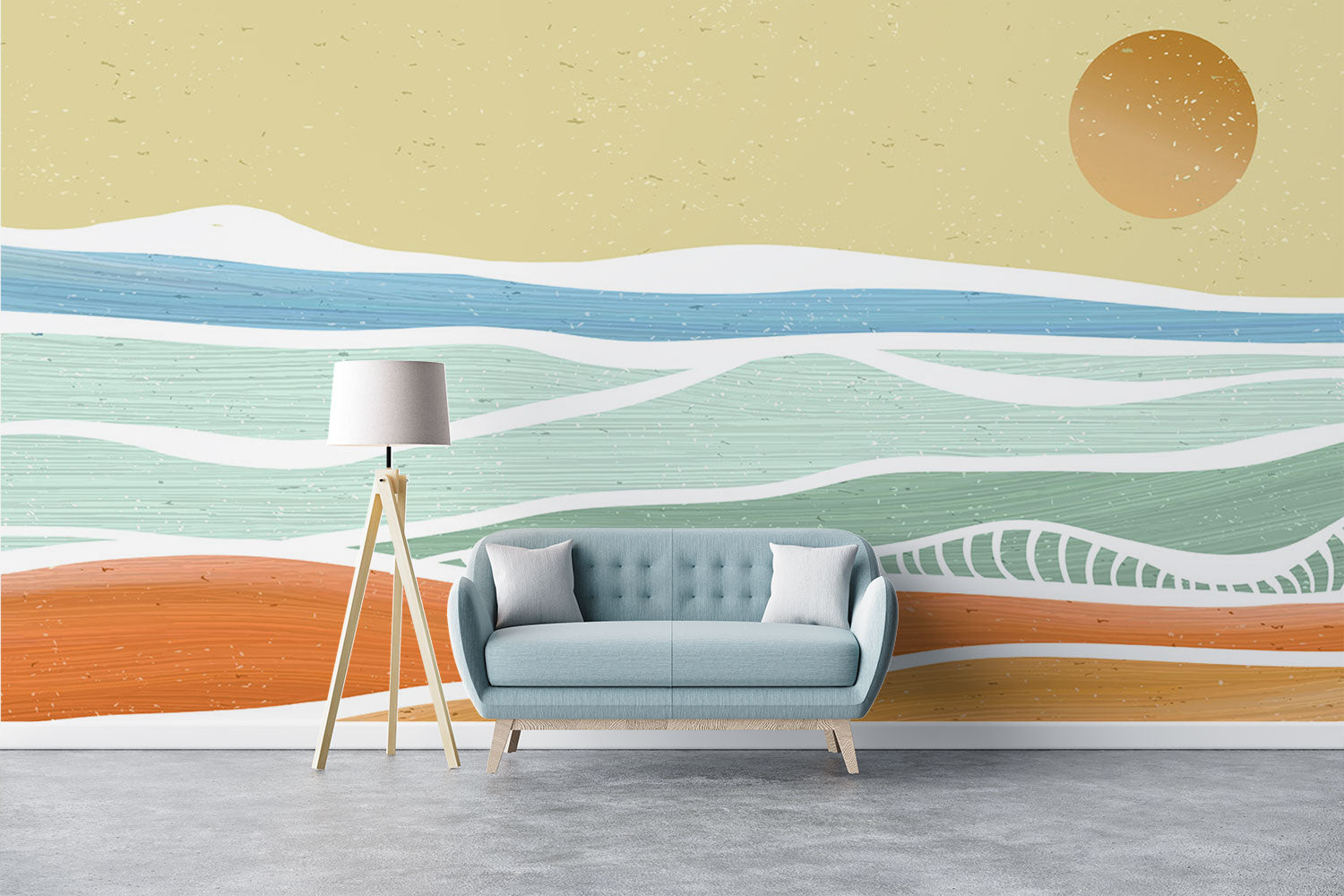 Minimalist abstract beach wall mural with pastel ocean waves, warm sand tones, and a contemporary artistic design – perfect for modern interiors.