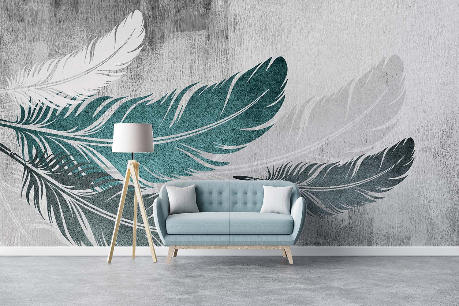 Ethereal Feather Wall Mural – Modern Boho Wallpaper with Floating Teal & White Feathers on a Textured Concrete-Style Background.