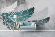 Ethereal Feather Wall Mural – Modern Boho Wallpaper with Floating Teal & White Feathers on a Textured Concrete-Style Background.