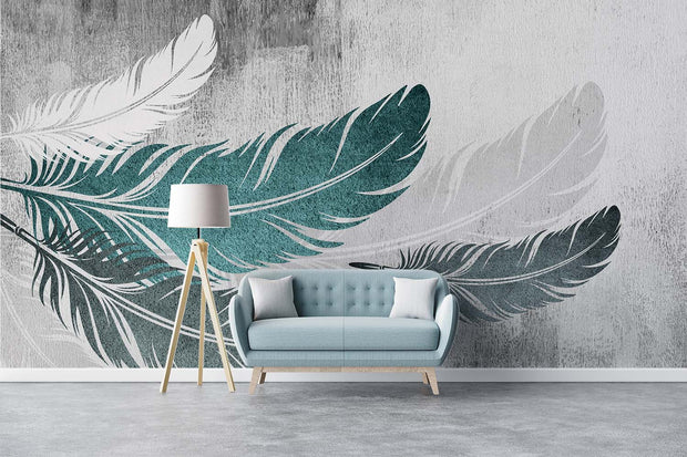 Ethereal Feather Wall Mural – Modern Boho Wallpaper with Floating Teal & White Feathers on a Textured Concrete-Style Background.