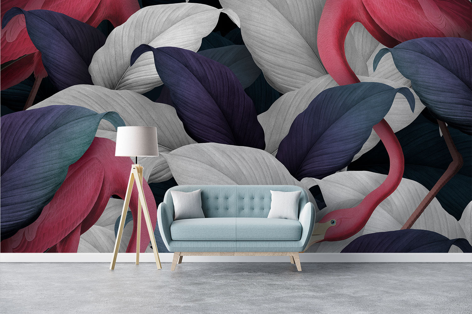 Elegant Tropical Flamingo Wall Mural – Exotic Jungle Wallpaper Featuring Pink Flamingos and Oversized Botanical Leaves in Navy, Silver, and Green for Modern Interiors.