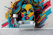Pop art graffiti mural of a woman, bold and colorful street art wallpaper, vibrant urban wall decor for modern interiors.