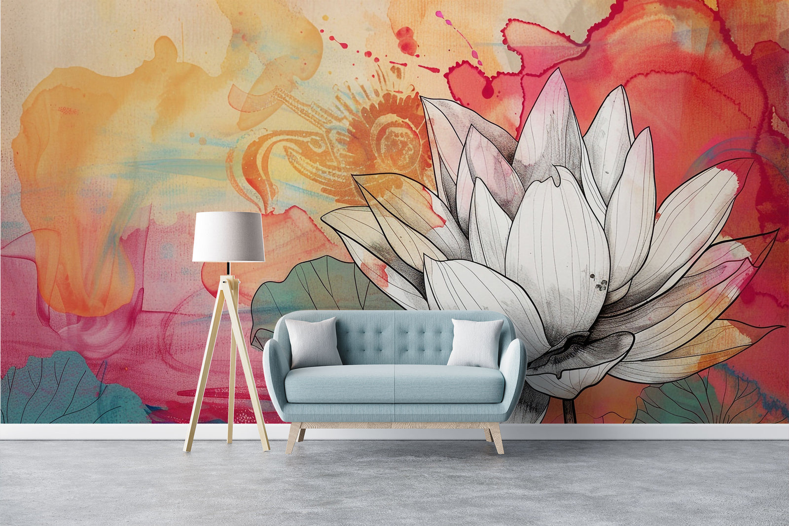 Radiant Lotus wall mural featuring black-and-white lotus illustration on vibrant watercolor background with red, orange, and teal hues.