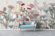 Botanical wall mural with colorful wildflowers in pastel and earthy tones, creating a fresh and inviting atmosphere.