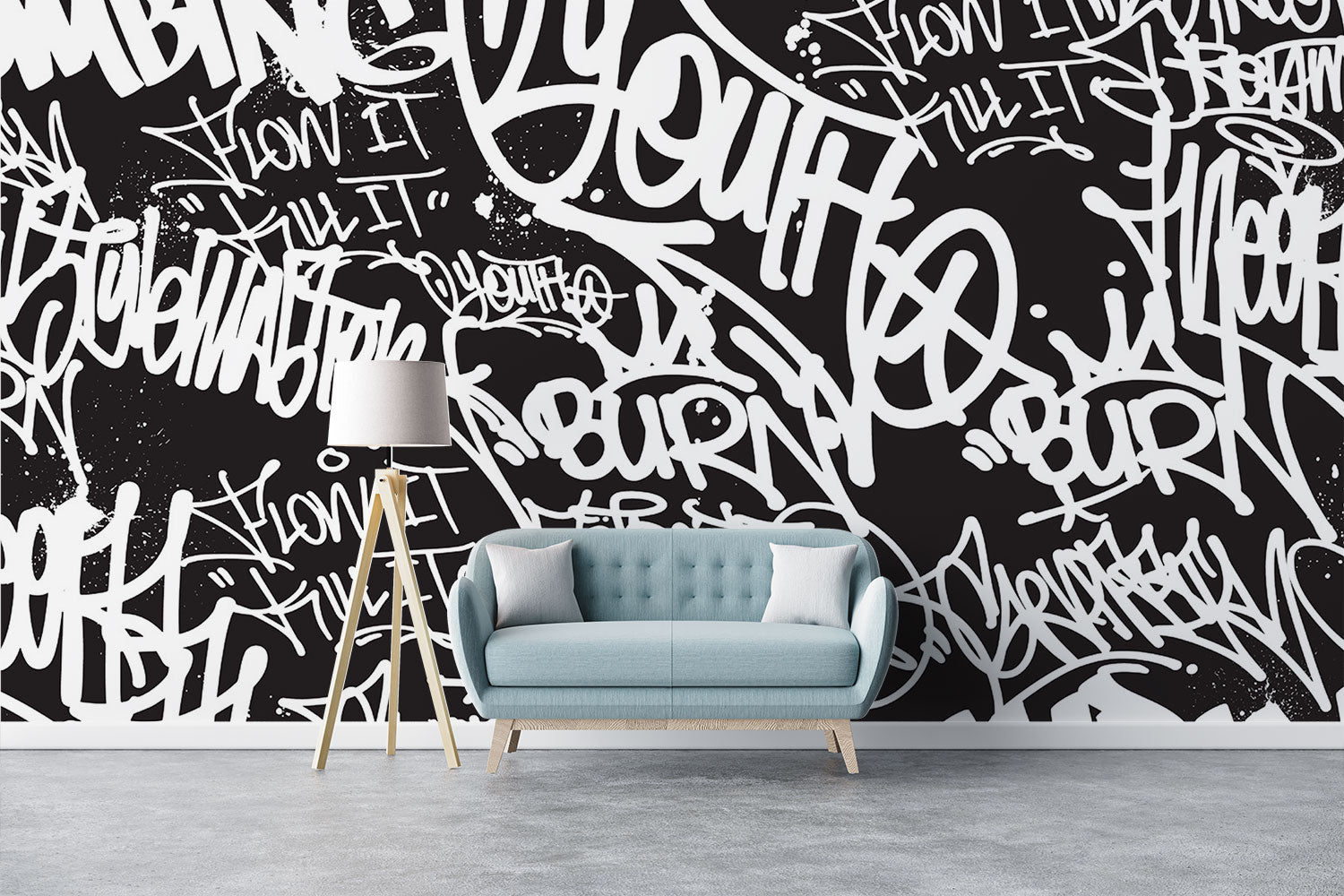 Black and white urban graffiti wall mural with bold typography, perfect for modern home or office decor.