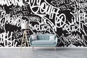 Black and white urban graffiti wall mural with bold typography, perfect for modern home or office decor.