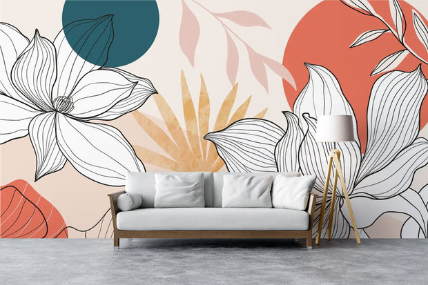 Living room with modern line art floral mural featuring abstract background in terracotta, beige, and teal.