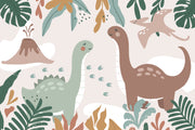 Kids’ wall mural with cartoon dinosaurs, volcano, pterodactyl, and tropical leaves in soft earth tones.