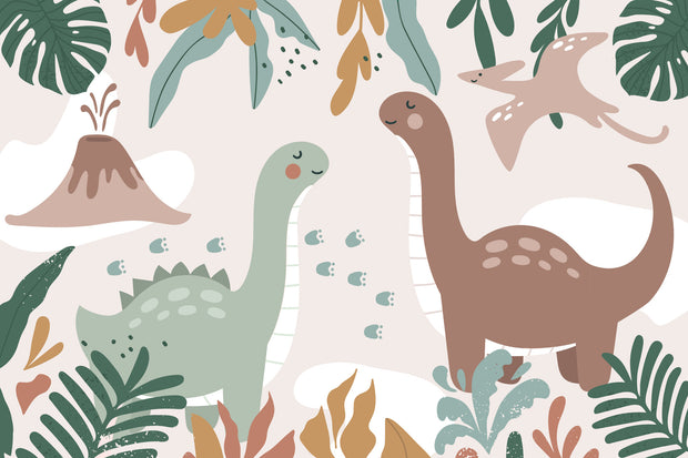 Kids’ wall mural with cartoon dinosaurs, volcano, pterodactyl, and tropical leaves in soft earth tones.