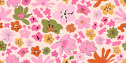 Vibrant floral wall mural featuring pink, orange, and green abstract flowers.