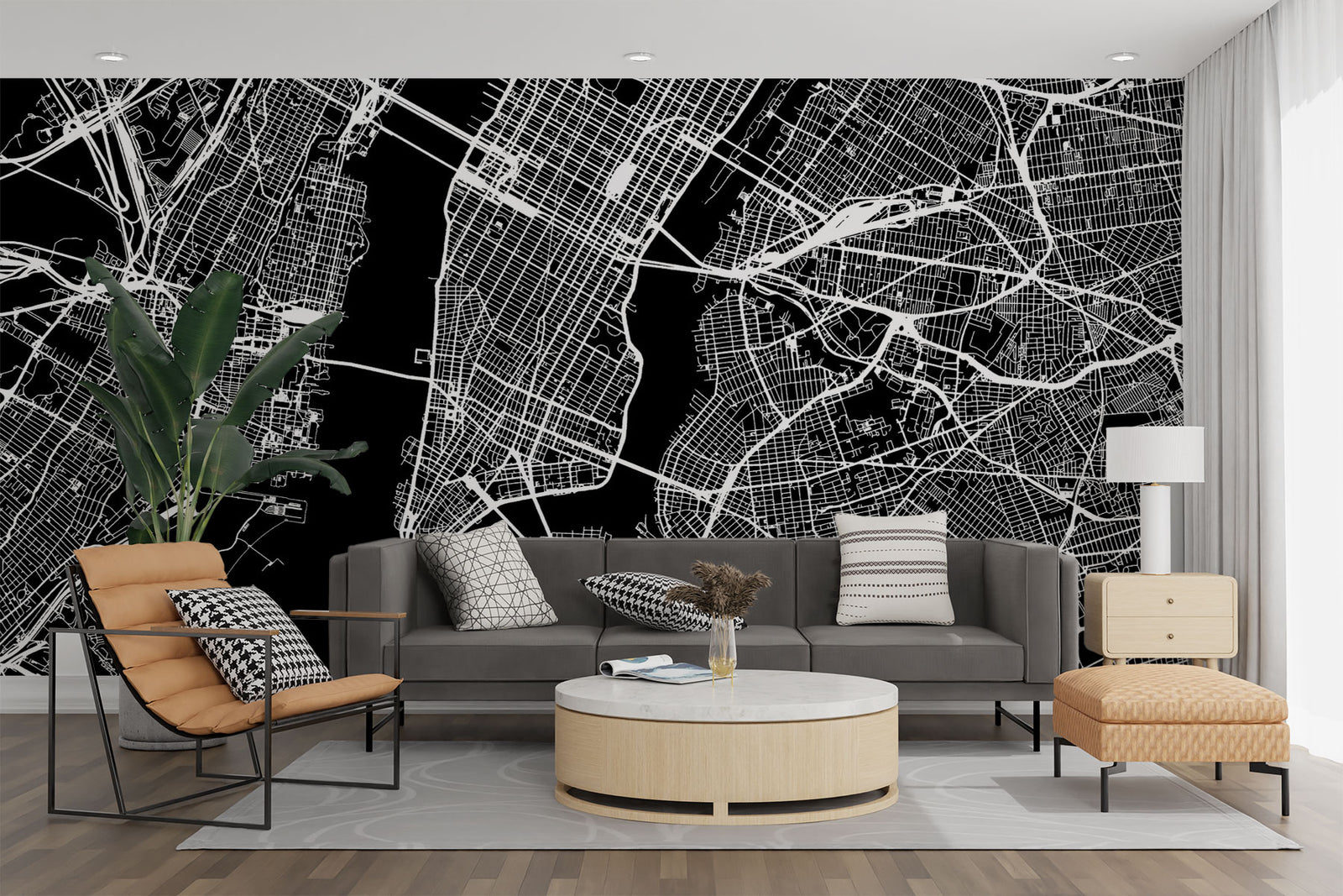 Black and white city map wall mural with detailed urban street layout, perfect for modern bedroom or office decor.