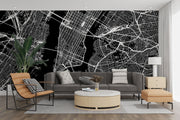Black and white city map wall mural with detailed urban street layout, perfect for modern bedroom or office decor.
