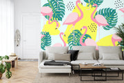 Leaves and flamingo wall mural image 1