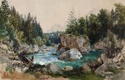 Vintage watercolor wall mural featuring a scenic river winding through rocky terrain and pine forest, with distant mountains in the background.
