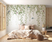 Willow Branches Wall Mural – A serene nature-inspired wallpaper featuring cascading willow branches and birds on a soft background.