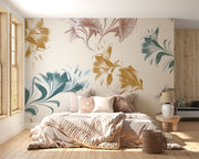 Abstract watercolor floral wall mural with oversized botanical patterns in gold, teal, and taupe tones, perfect for modern and artistic interior decor.