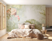 Watercolor-style flamingo wall mural with soft pastel tropical leaves, creating a serene and elegant nature-inspired interior décor.