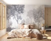 Monochrome forest wall mural with misty trees, grayscale nature wallpaper for elegant interiors.