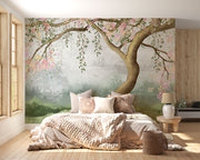 Elegant blooming tree mural with pastel flowers, flowing branches, and a dreamy misty background, perfect for nature-inspired interior decor.