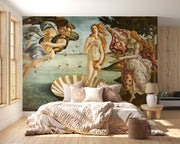 The Birth of Venus wall mural featuring Botticelli’s iconic Renaissance painting with vivid colors, classical figures, and luxurious decor setting.
