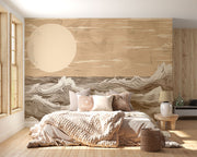 Minimalist ocean waves wall mural in beige and brown tones, featuring stylized waves and a large sun, perfect for modern and coastal-inspired bedroom decor.