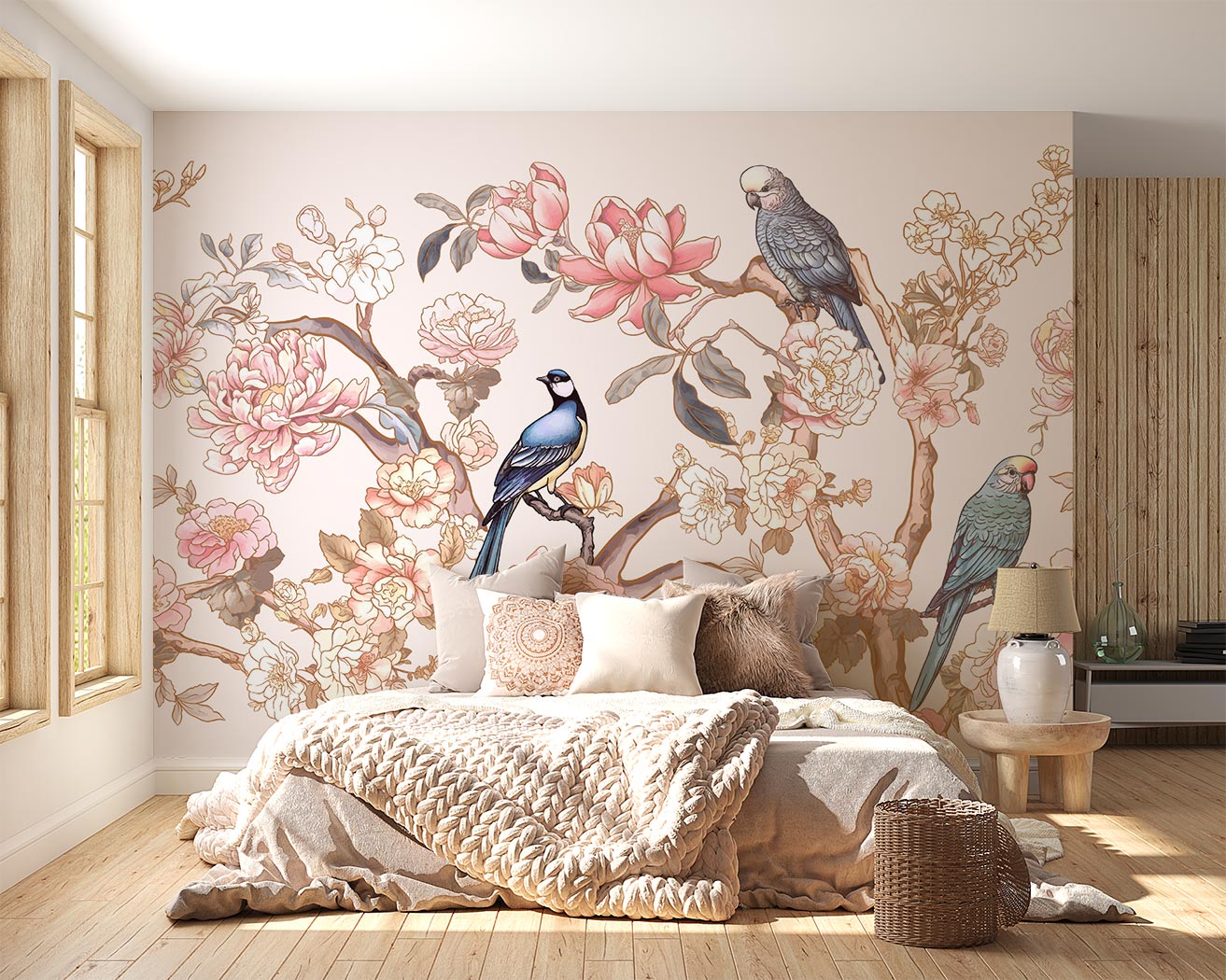 Elegant Chinoiserie wall mural featuring delicate birds, magnolia blossoms, and peonies in soft pastel hues, styled in a cozy bedroom.