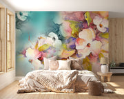 Watercolor blossom wall mural featuring hand-painted flowers in soft pastel and vibrant hues, creating a dreamy and elegant home décor statement.