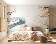 Crane Symphony Wall Mural – Elegant gold-accented cranes flying over ocean waves with cherry blossoms in a Japanese-inspired design.
