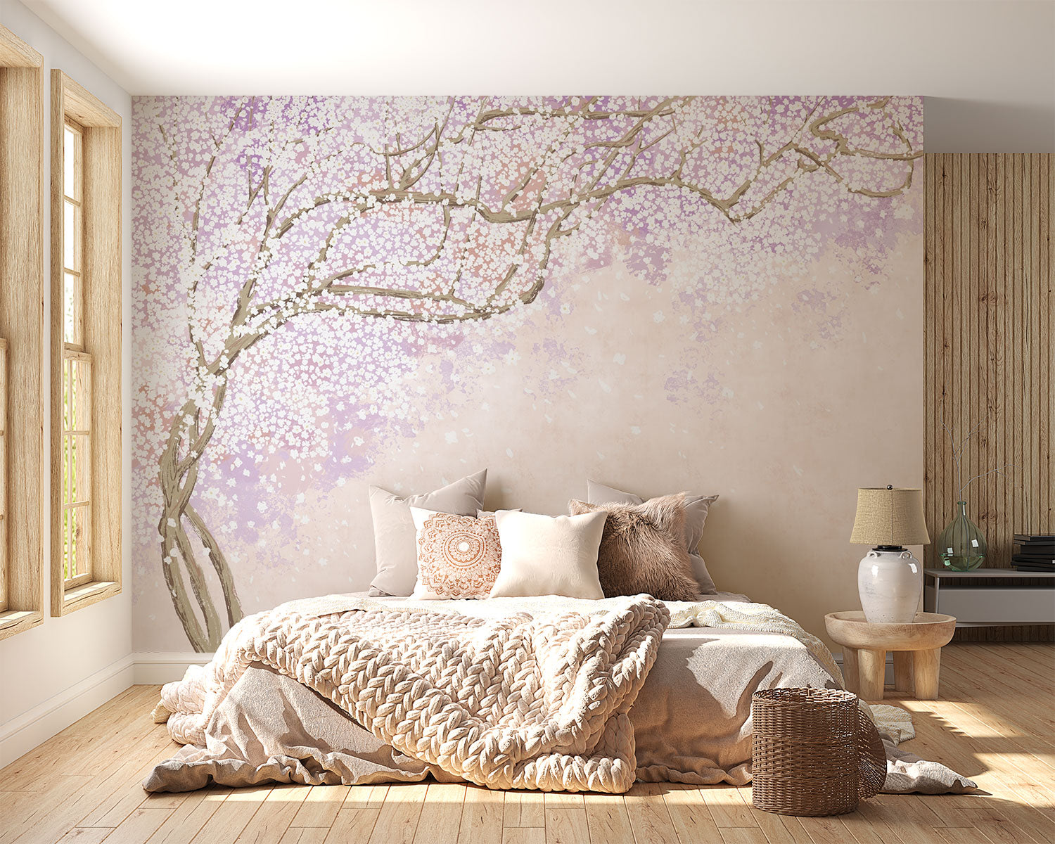 Soft pink and lavender floral wall mural with delicate blossoms on intertwining branches, creating a serene and elegant ambiance.